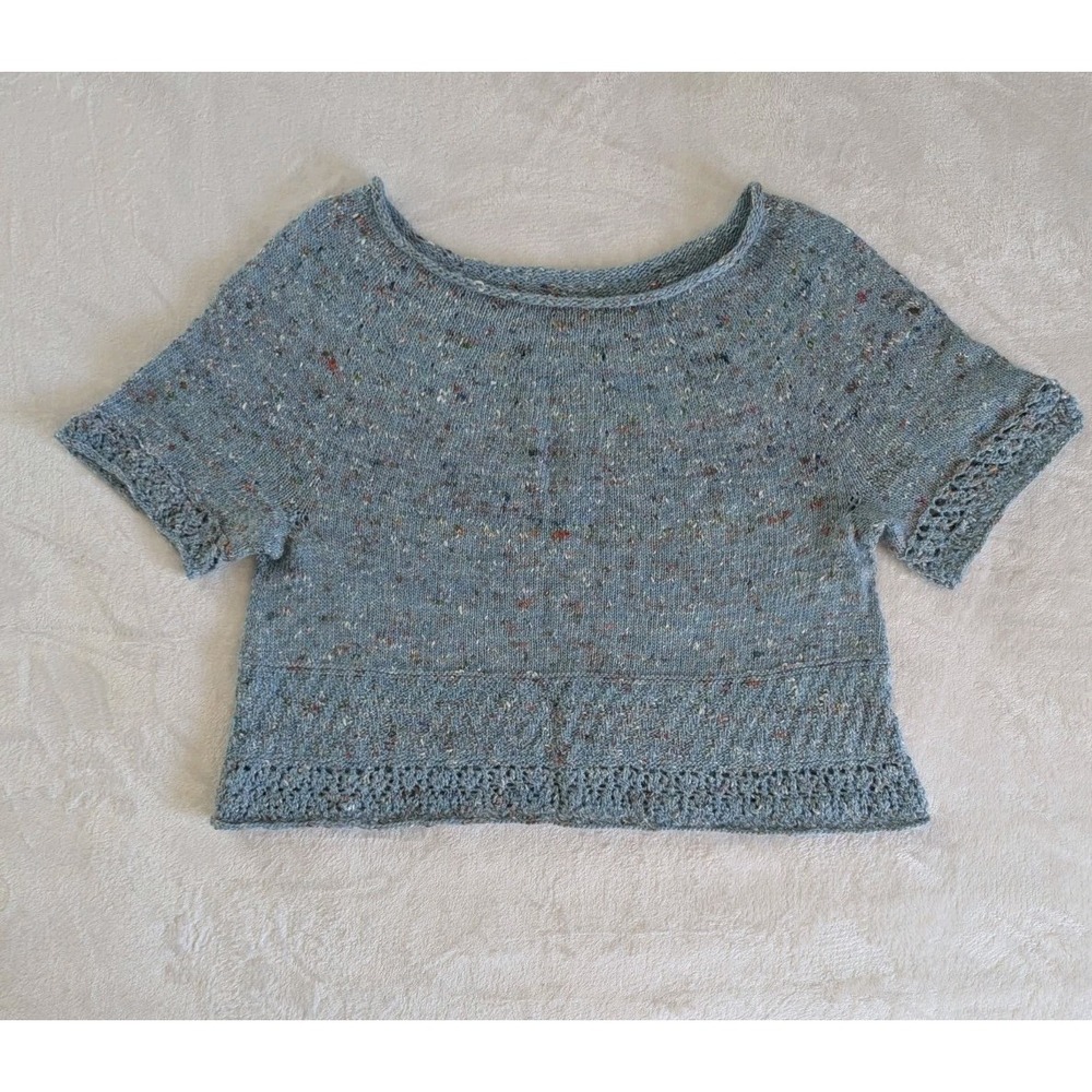 Handmade Boxy Cropped Sweater Top Blue Marled Speckled Knit Crochet Trim Boho